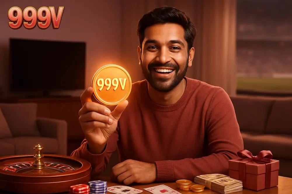 999V bonuses — a Pakistani man smiling widely while holding a glowing golden coin with soft light effects in a cozy