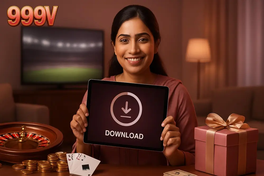 999V APK download — a Pakistani woman standing in her living room holding a tablet showing a downloading progress