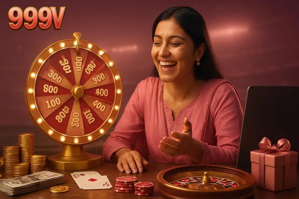 999V games — a Pakistani woman laughing joyfully while watching a spinning wheel game with bright lights on a table