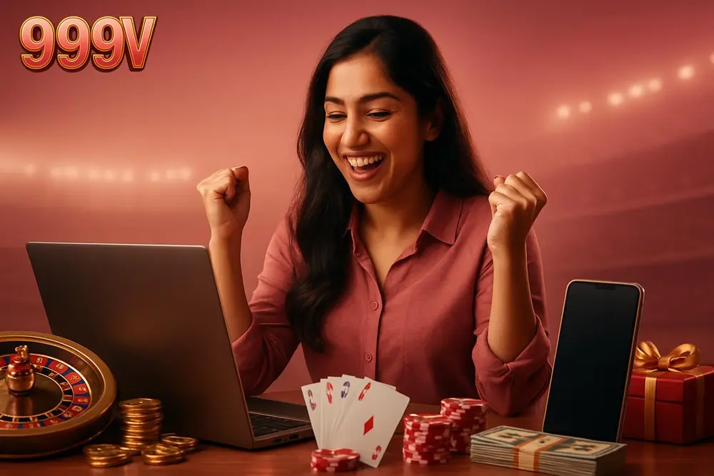 999V Pakistan — a young Pakistani woman celebrating happily at a desk with a laptop and phone showing colorful game