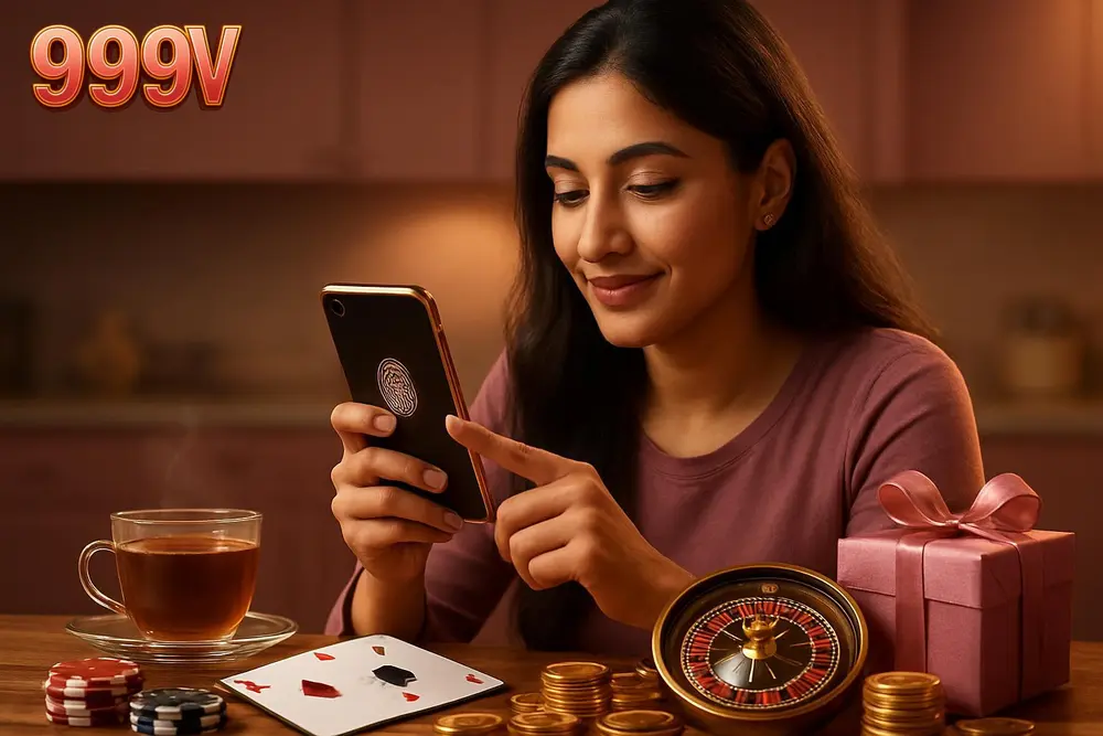 999V login — a young Pakistani woman unlocking her smartphone with a fingerprint while sitting at a kitchen table
