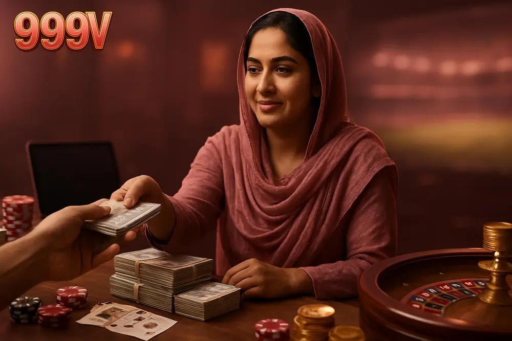 999V payment methods — a Pakistani woman receiving cash at a small shop counter with stacks of local currency neatly
