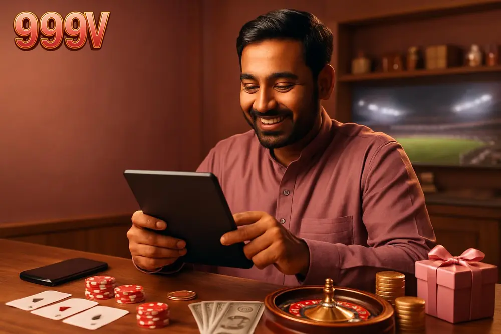 999V register — a Pakistani man smiling as he completes registration on a tablet at a small shop counter with a